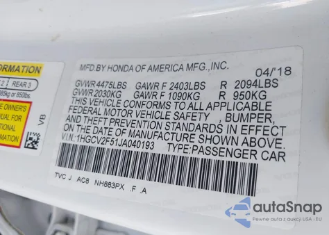 2018 Honda Accord Ex-L 2.0T z USA, uszkodzony, nr VIN 1HGCV2F51JA040193